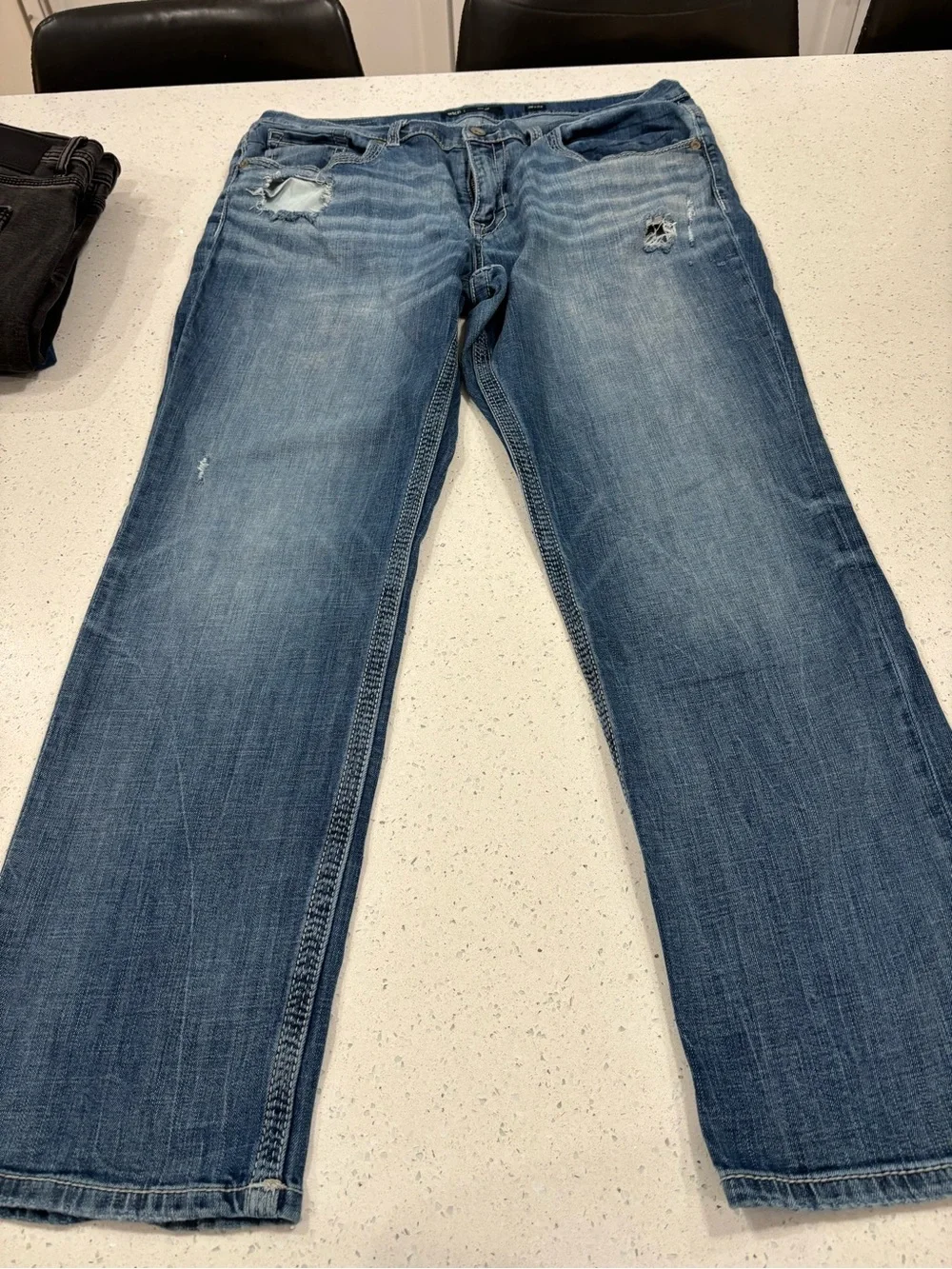 BKE Men's Blue Straight-Leg Jeans with Back Pocket Distress